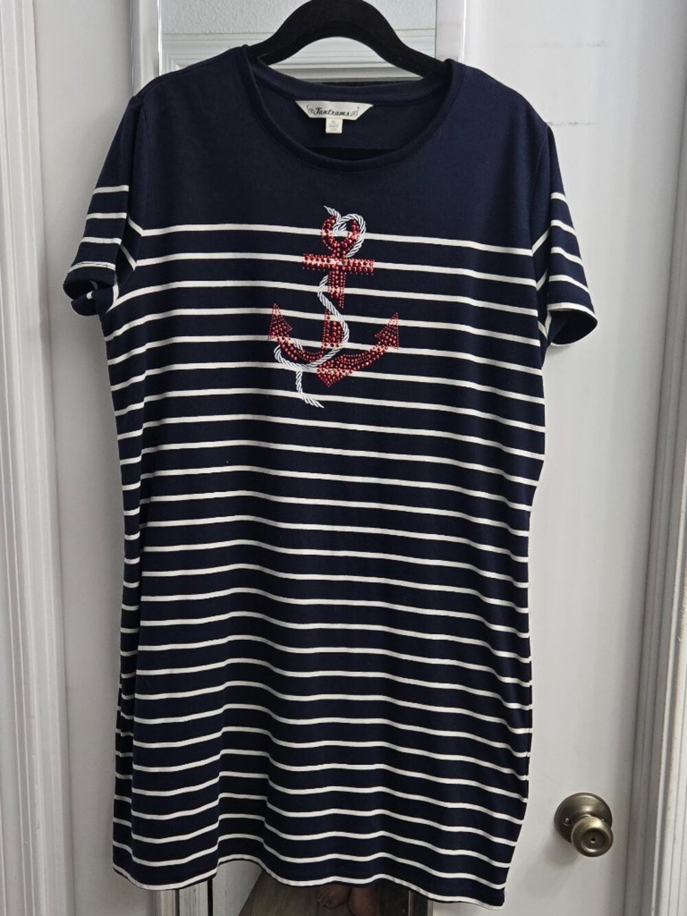 Tantrums XL Navy White Stripe Anchor Dress Rhinestone Nautical